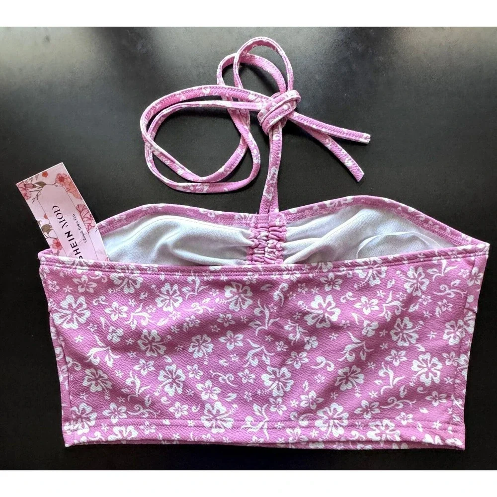 Shein Pink with White flowers Tie Crop Top Halter Size Medium (6) - Picture 2 of 6